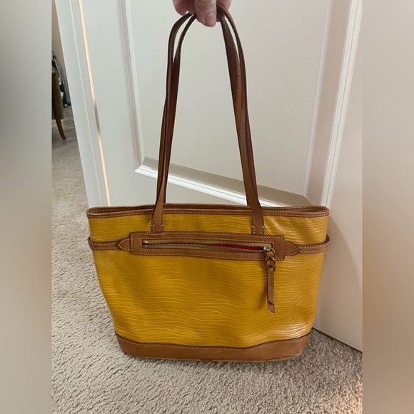 Dooney Bourke leather mustard yellow classic handbag with brown trim, red inside - Picture 4 of 6